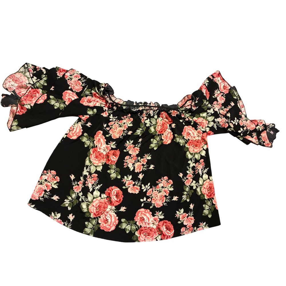 SHEIN Curve Black Pink Rose Floral Off The Shoulder Bell Sleeve Blouse 1XL
